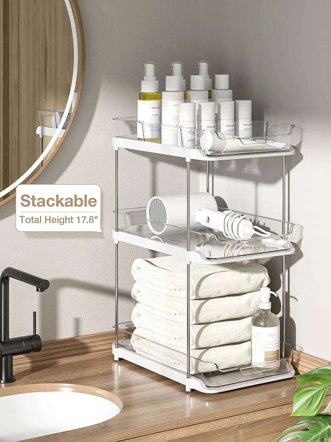 2 Sets of 2-Tier Multi-Purpose Bathroom under Sink Organizers and Storage, Stackable Kitchen Pantry Organization, Pull Out Medicine Cabinet Organizer with 8 Movable Dividers C29