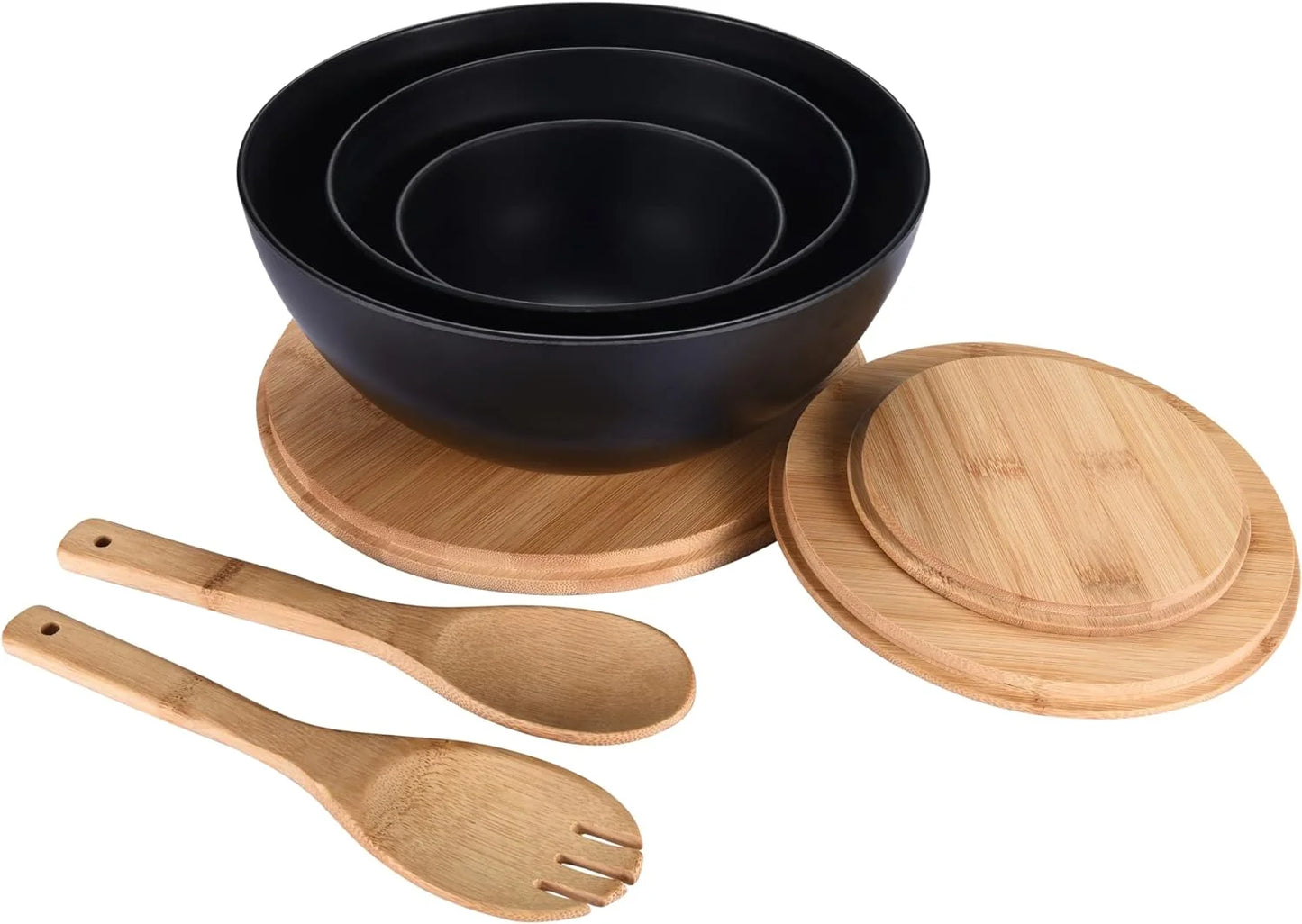 Bamboo Fiber Salad Bowl Set with Wooden Lids - Perfect for Serving, Mixing, and Prepping Fruits, Pasta, Cheese, Ramen, Bread, and More!