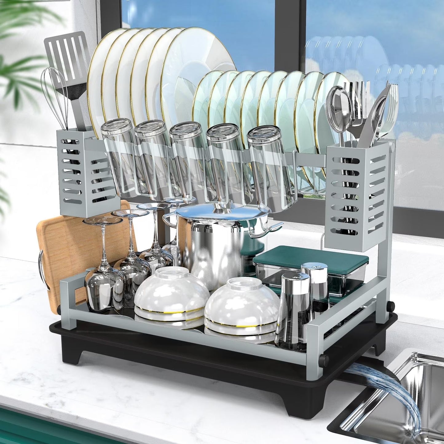 Dish Drying Rack- Space-Saving Dish Rack, Dish Racks for Kitchen Counter, Stainless Steel Kitchen Drying Rack with a Cutlery Holder,12''W X 17''L, Black