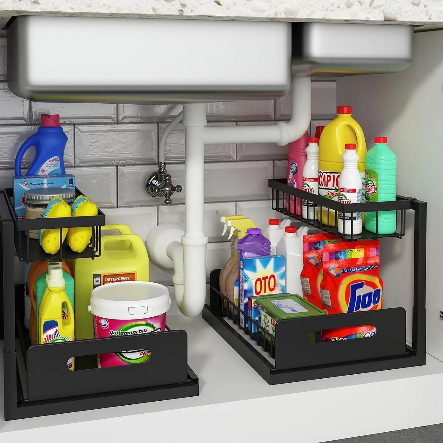 Under Sink Organizer and Storage, 1 Pack Pull Out Cabinet Organizer Slide Out Sink Shelf Cabinet Storage Shelves, under Sink Storage for Kitchen Bathroom Cabinet