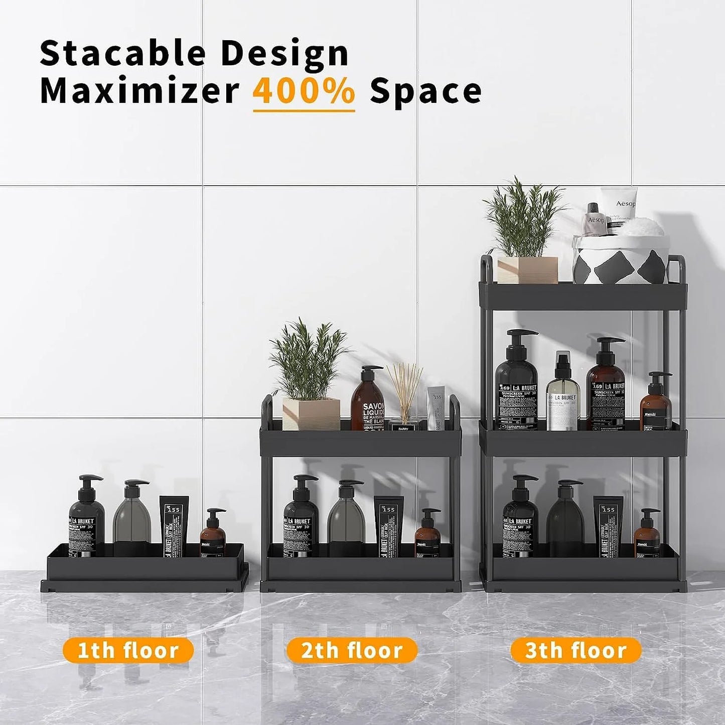 Adjustable 2-Tiers Bathroom Countertop Organizer, Black, 3 Pack