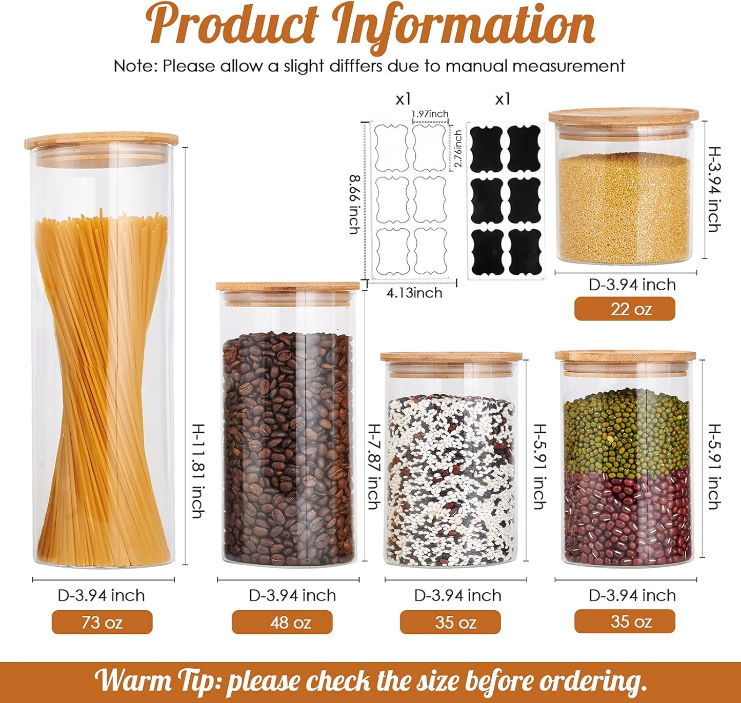 Glass Canisters Glass Storage Jars with Bamboo Lids Kitchen Canister Set of 5 Glass Storage Containers for Pantry Pasta Coffee 73 Oz 48 Oz 35 Oz and 22 Oz