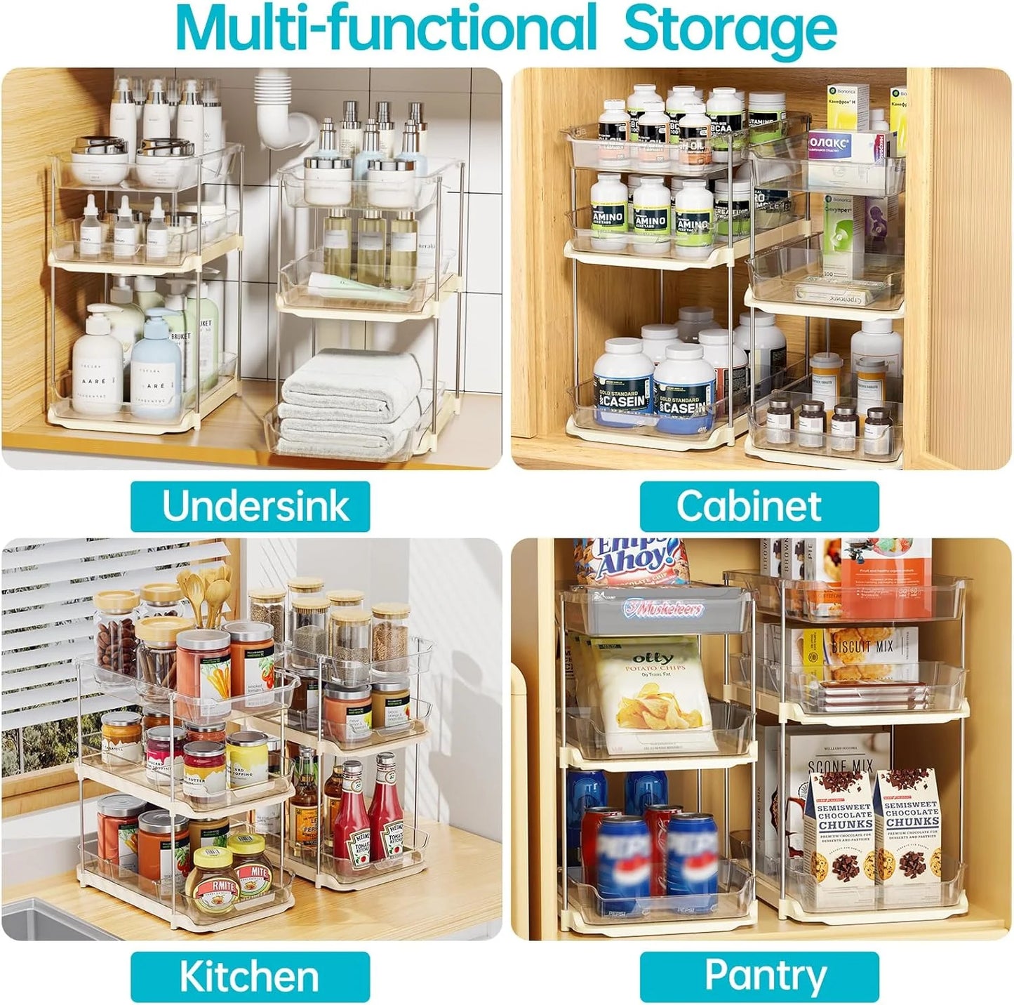 3 Tier Pull-Out under Sink Organizer Storage,  Bathroom Stackable Pantry Counter Sliding Cabinet Organization and Storage, 2 Sets, Beige