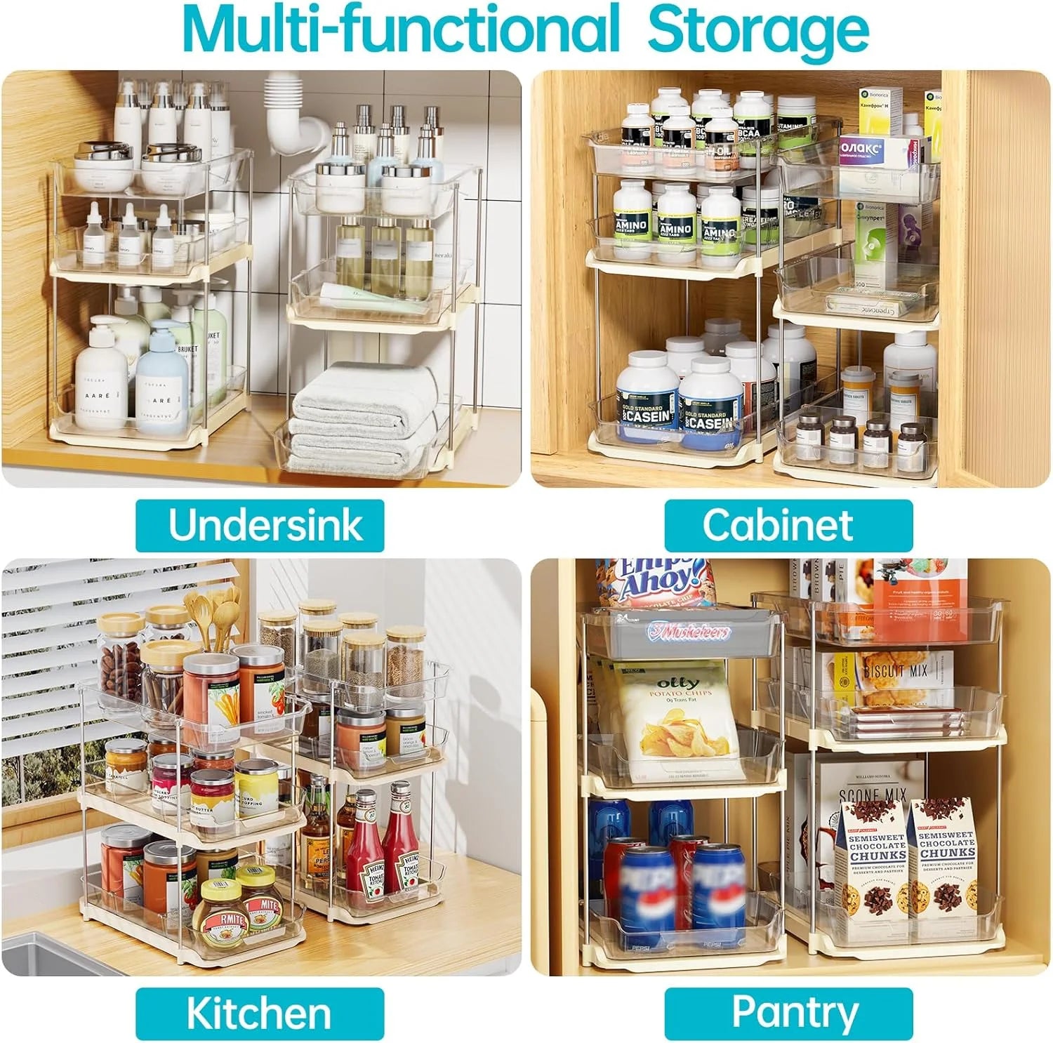 3 Tier Pull-Out under Sink Organizer Storage,  Bathroom Stackable Pantry Counter Sliding Cabinet Organization and Storage, 2 Sets, Beige