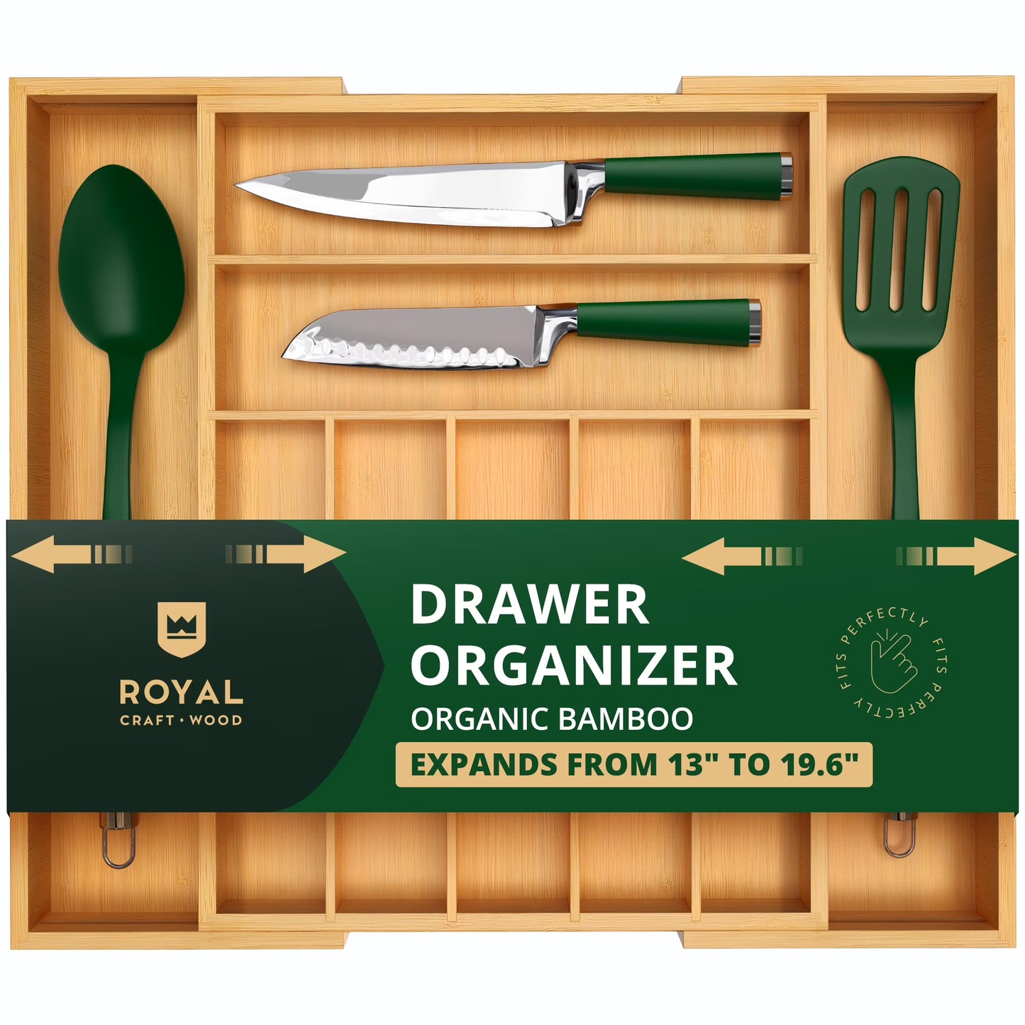 Bamboo Expandable Silverware Organizer, 7-9 Compartments, 13.5-20 Inches Wide X 2.5 Inches Deep, Gray
