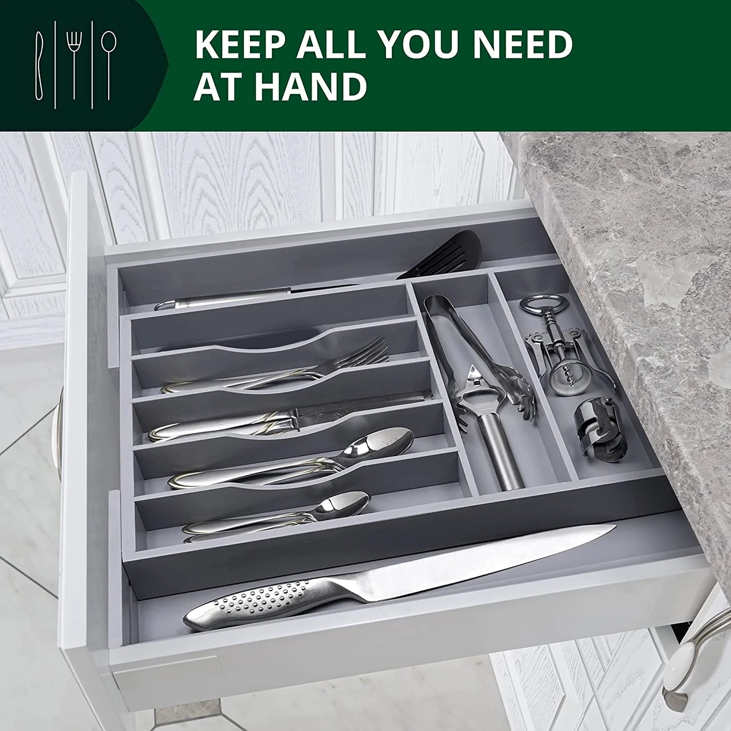 Bamboo Expandable Silverware Organizer, 7-9 Compartments, 13.5-20 Inches Wide X 2.5 Inches Deep, Gray