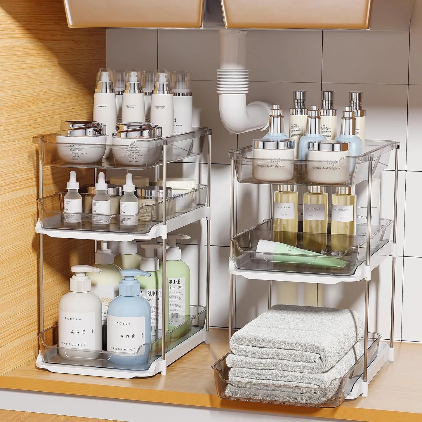 3 Tier Pull-Out under Sink Organizer Storage,  Bathroom Stackable Pantry Counter Sliding Cabinet Organization and Storage, 2 Sets, Beige