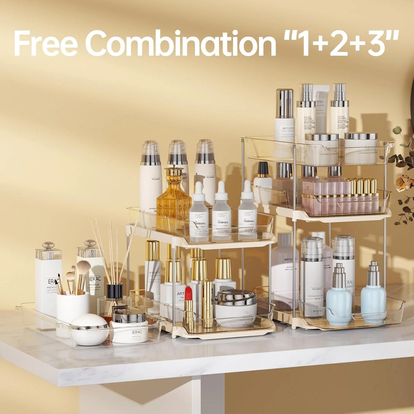 3 Tier Pull-Out under Sink Organizer Storage,  Bathroom Stackable Pantry Counter Sliding Cabinet Organization and Storage, 2 Sets, Beige