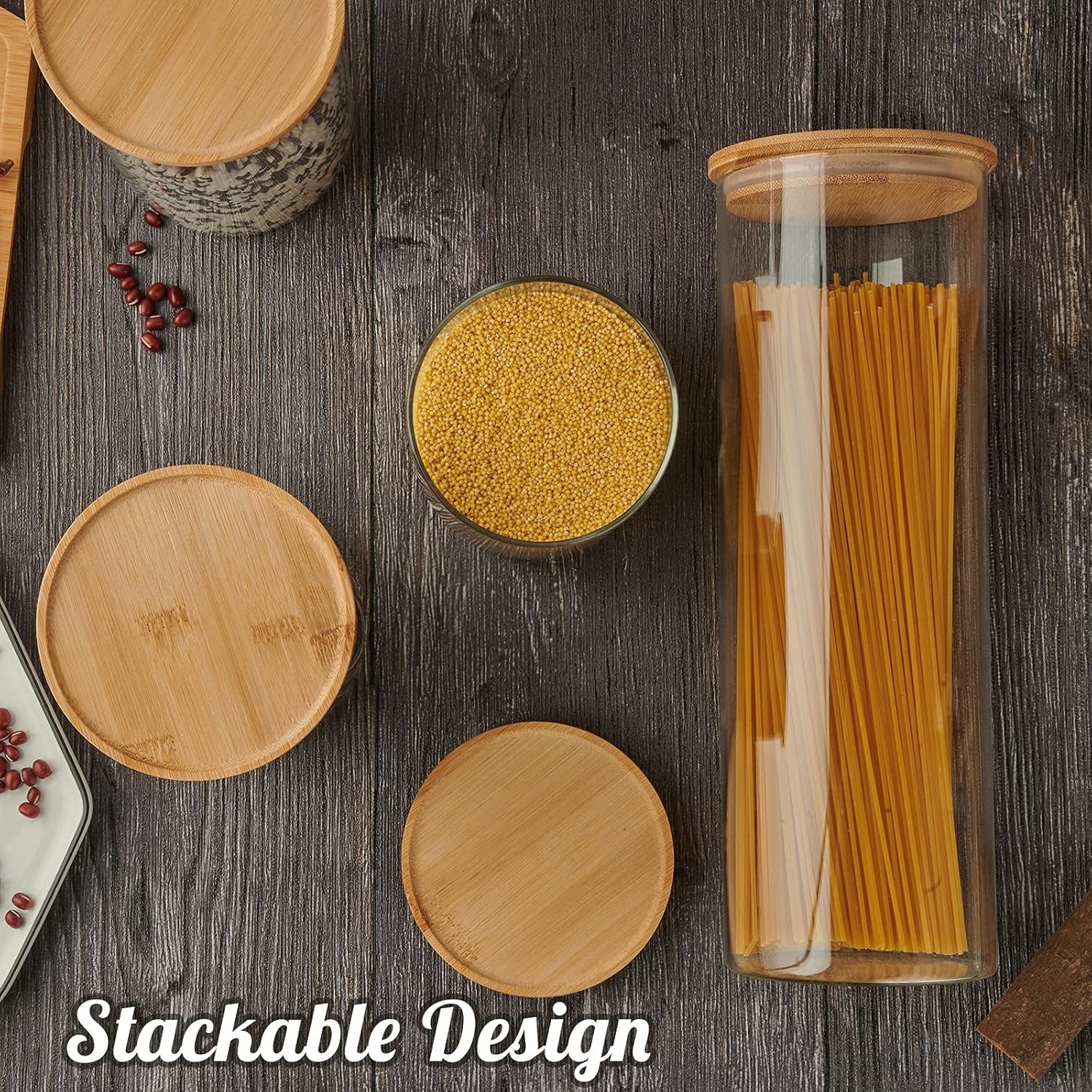 Glass Canisters Glass Storage Jars with Bamboo Lids Kitchen Canister Set of 5 Glass Storage Containers for Pantry Pasta Coffee 73 Oz 48 Oz 35 Oz and 22 Oz