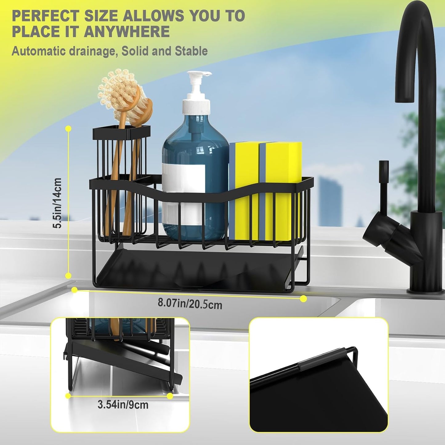 Sink Caddy Sponge Holder for Kitchen with Brush Holder and Stainless Steel Self Drain Tray, Rustproof Kitchen Sink Organizer for Sponge, Soap Dispenser Storage Accessories