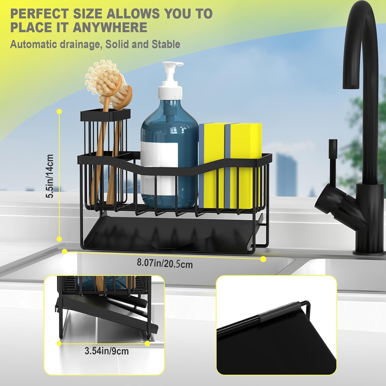 Sink Caddy Sponge Holder for Kitchen with Brush Holder and Stainless Steel Self Drain Tray, Rustproof Kitchen Sink Organizer for Sponge, Soap Dispenser Storage Accessories