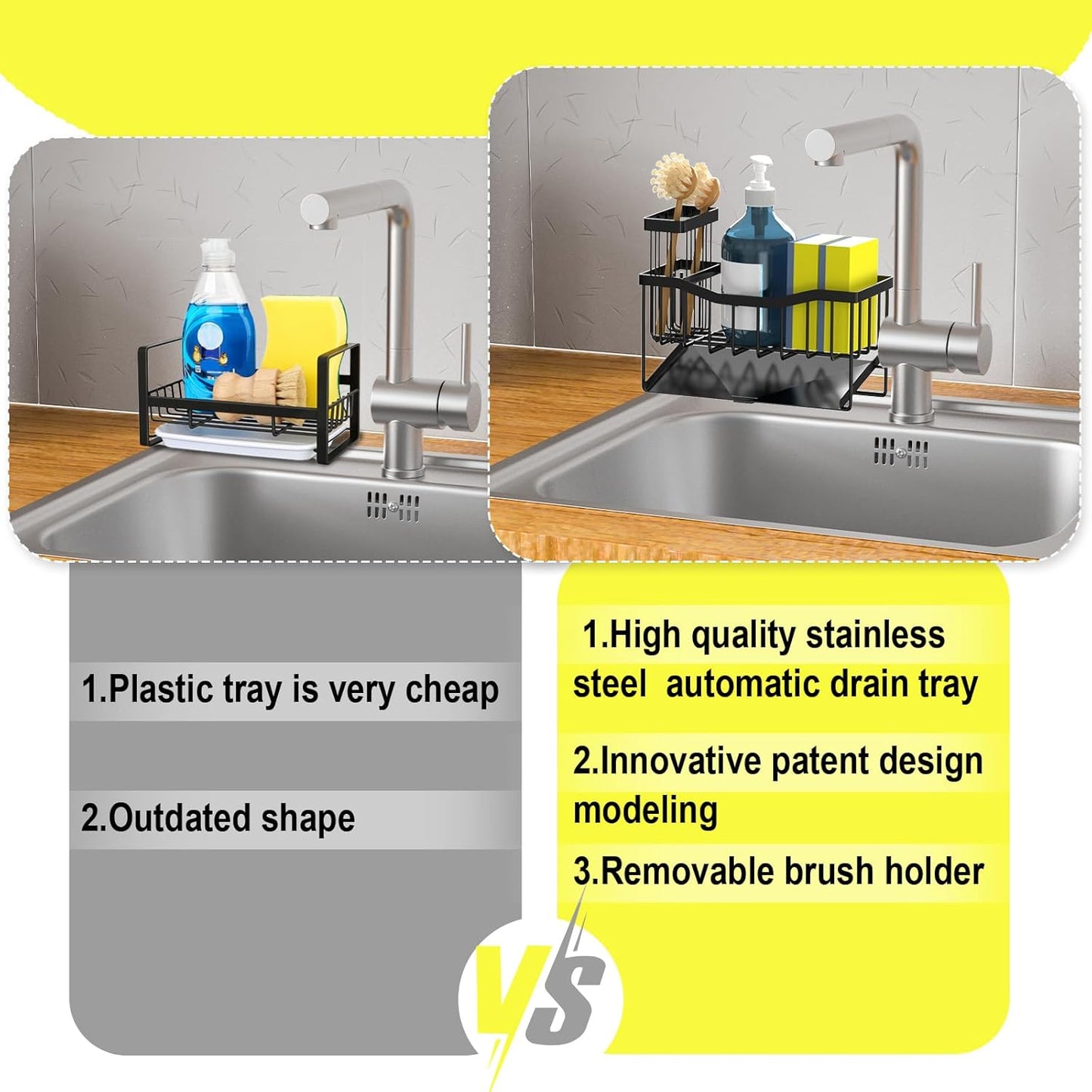 Sink Caddy Sponge Holder for Kitchen with Brush Holder and Stainless Steel Self Drain Tray, Rustproof Kitchen Sink Organizer for Sponge, Soap Dispenser Storage Accessories
