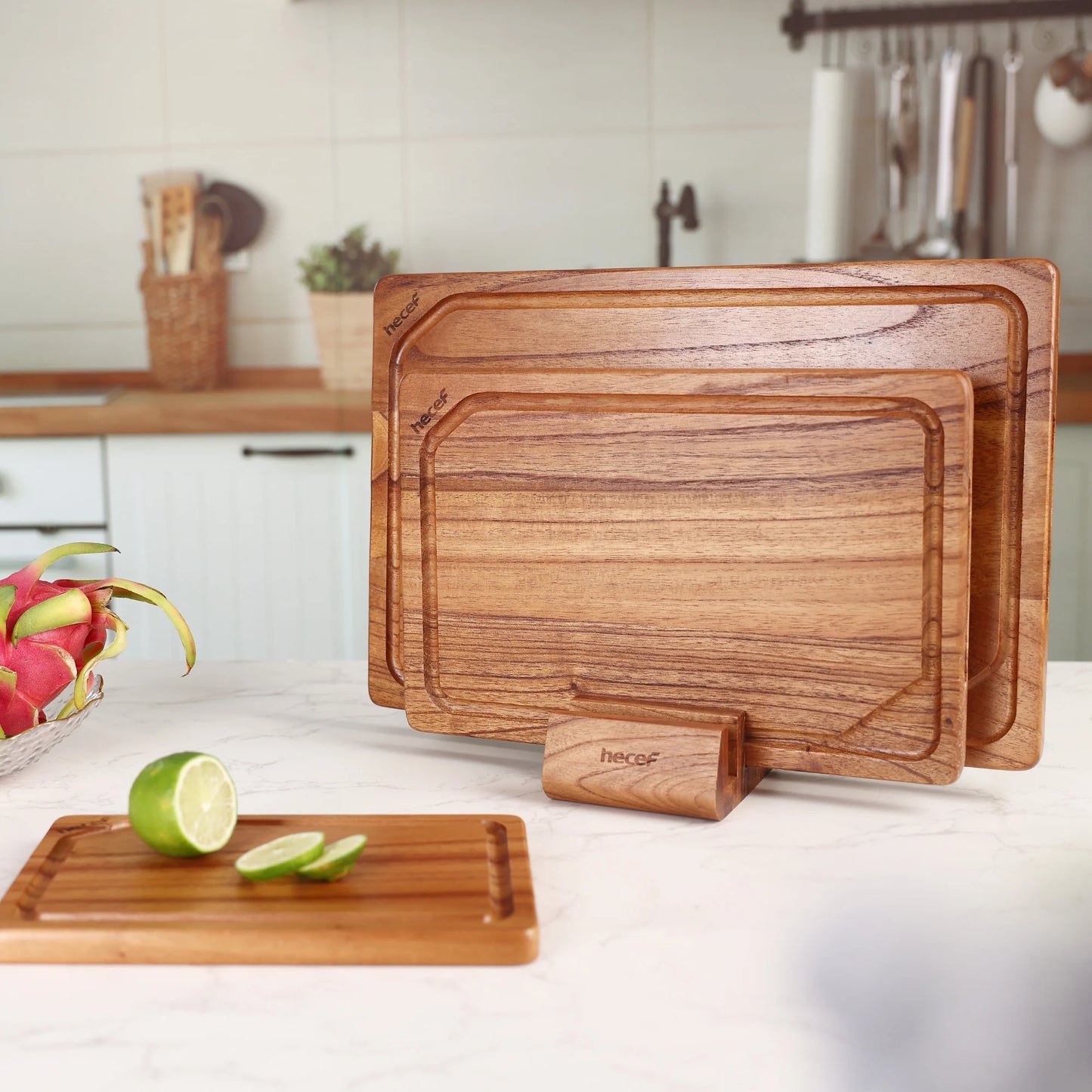 3PCS Wood Cutting Board Set with Holder, 15 Inch Serving Board for Kitchen Meal Prep & Serving