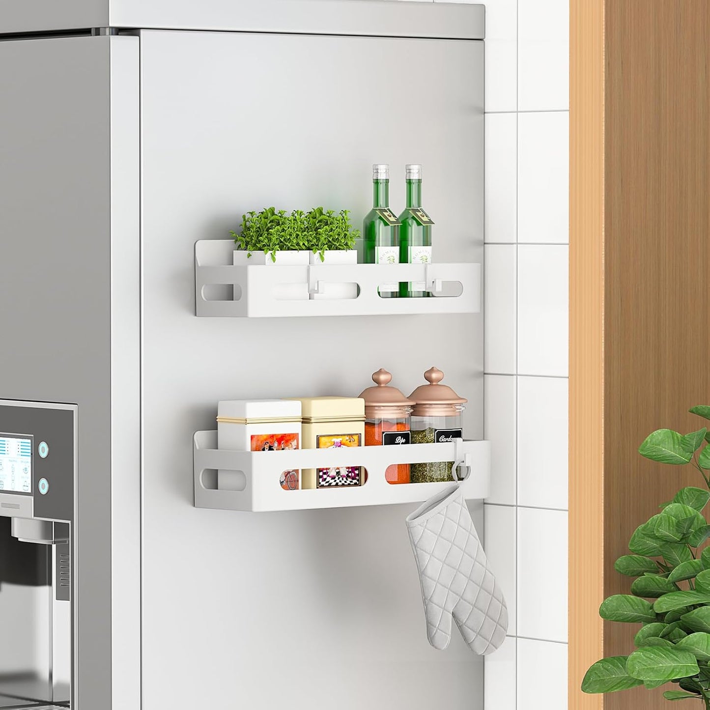 4 Pack Magnetic Spice Rack for Refrigerator, Spice Rack Organizer, Moveable Magnetic Shelf Fridge Organizer with 4 Hooks for Kitchen and Oven Organization, Black