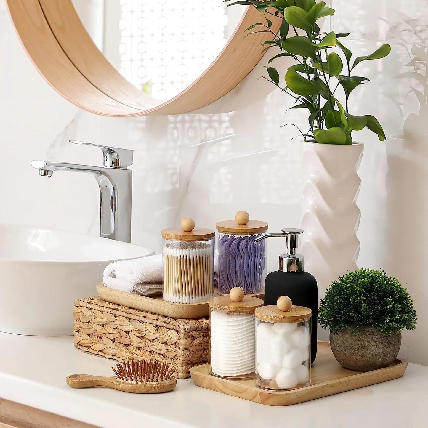 4 Pack Qtip Holder Dispenser with Bamboo Lids - Clear Plastic Apothecary Jar for Makeup Storage - Bathroom Set