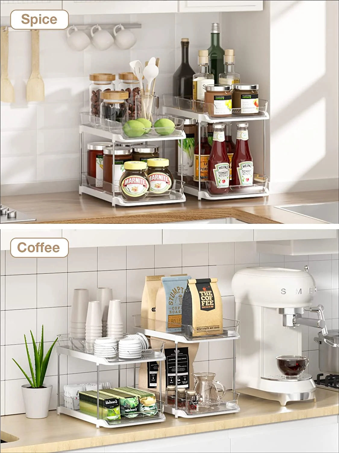 2 Sets of 2-Tier Multi-Purpose Bathroom under Sink Organizers and Storage, Stackable Kitchen Pantry Organization, Pull Out Medicine Cabinet Organizer with 8 Movable Dividers C29
