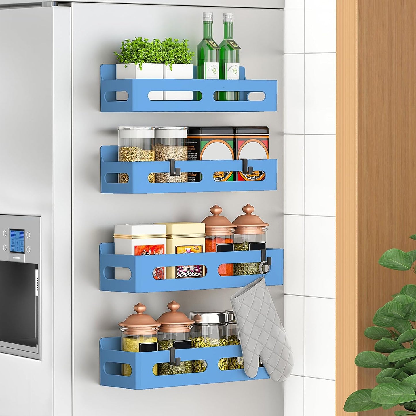 4 Pack Magnetic Spice Rack for Refrigerator, Spice Rack Organizer, Moveable Magnetic Shelf Fridge Organizer with 4 Hooks for Kitchen and Oven Organization, Black