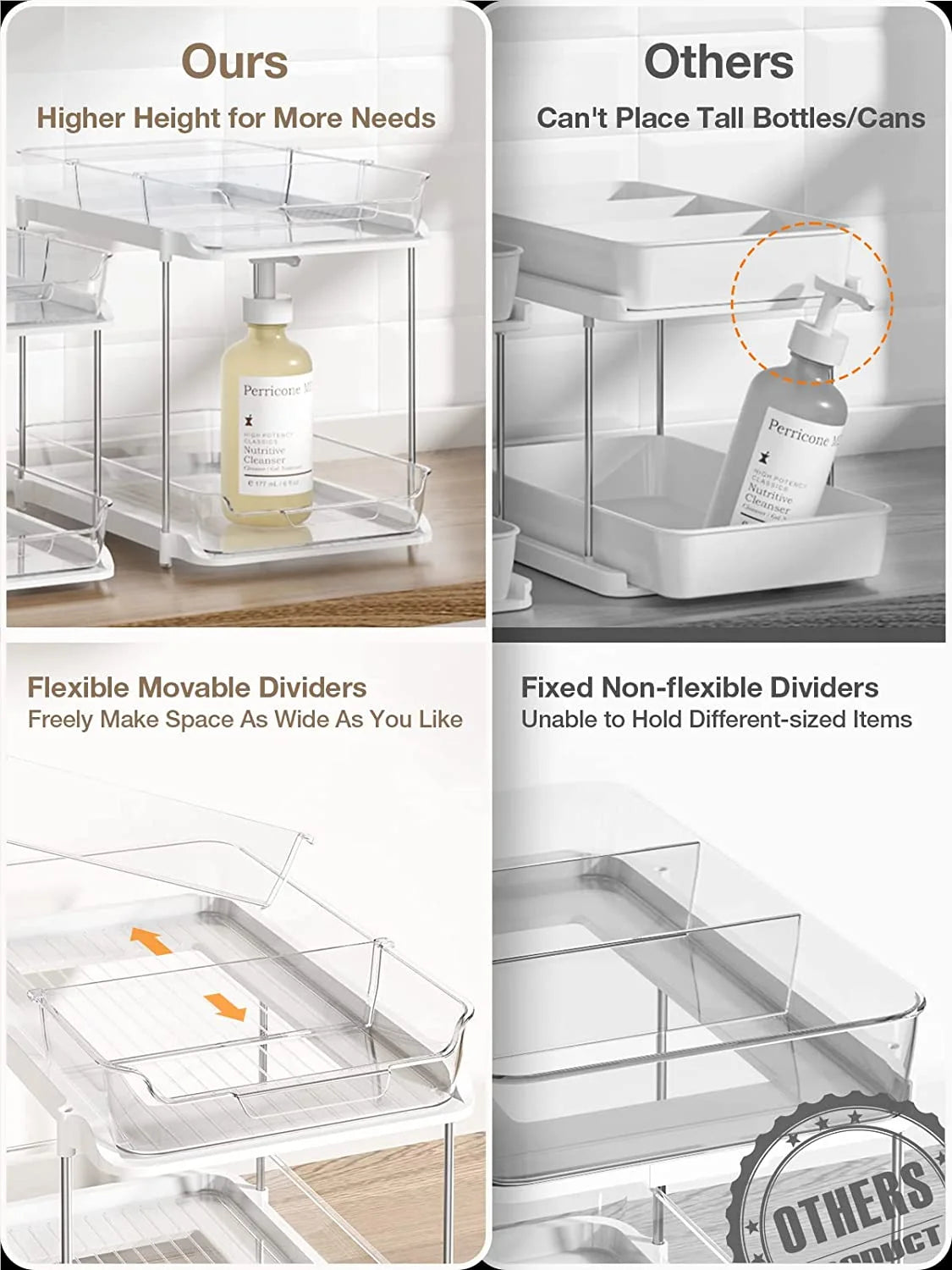 2 Sets of 2-Tier Multi-Purpose Bathroom under Sink Organizers and Storage, Stackable Kitchen Pantry Organization, Pull Out Medicine Cabinet Organizer with 8 Movable Dividers C29