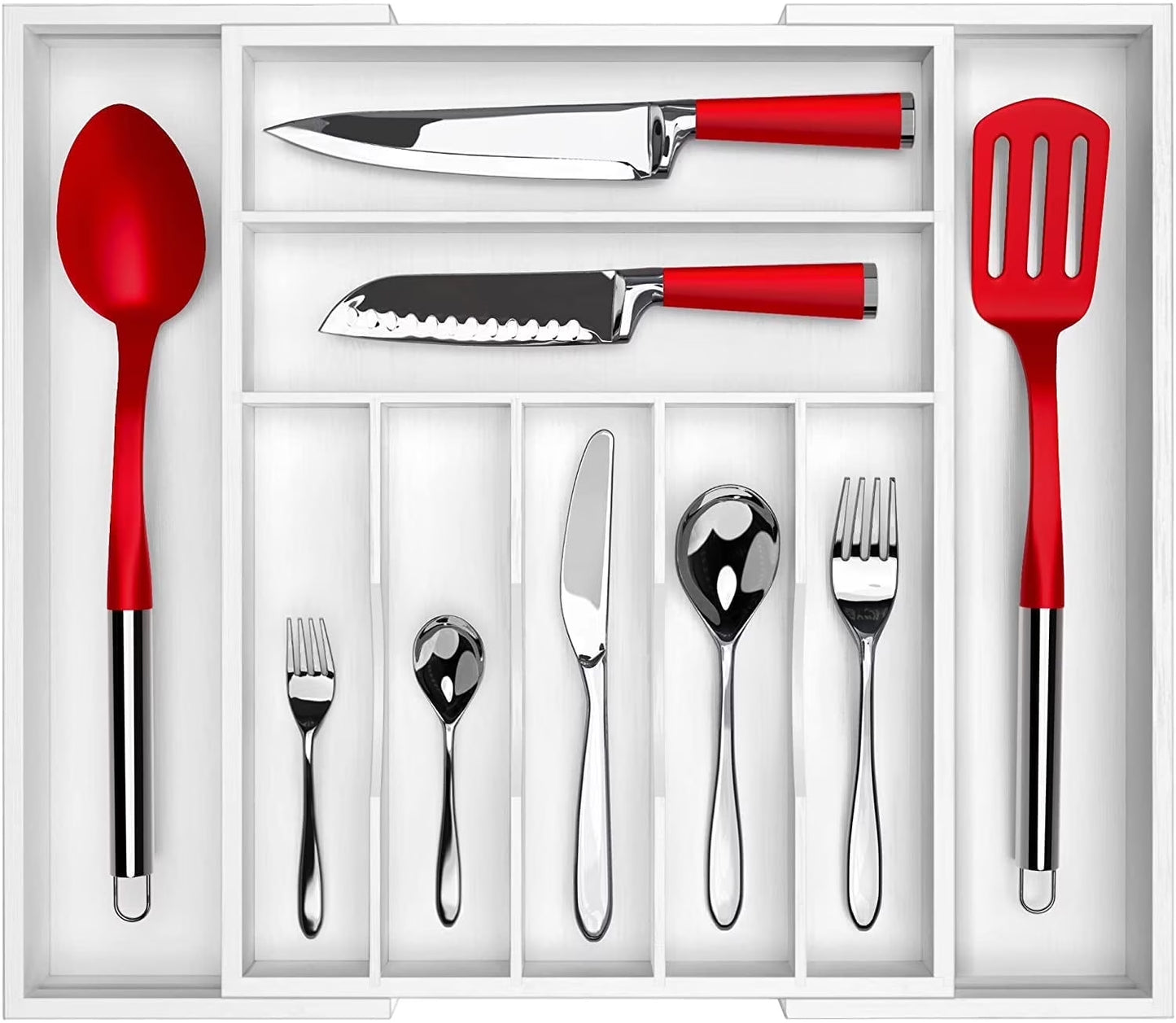 Bamboo Expandable Silverware Organizer, 7-9 Compartments, 13.5-20 Inches Wide X 2.5 Inches Deep, Gray