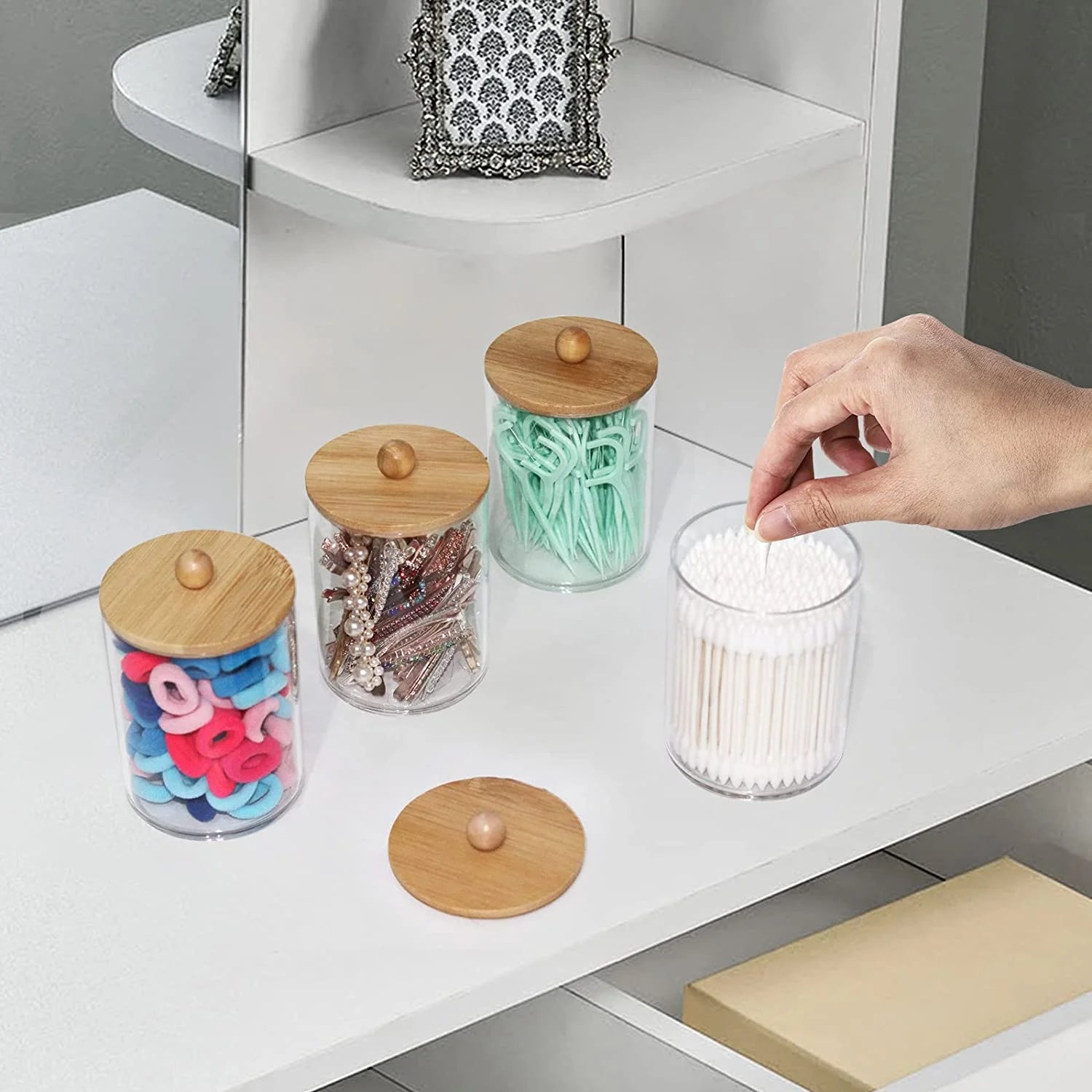 4 Pack Qtip Holder Dispenser with Bamboo Lids - Clear Plastic Apothecary Jar for Makeup Storage - Bathroom Set