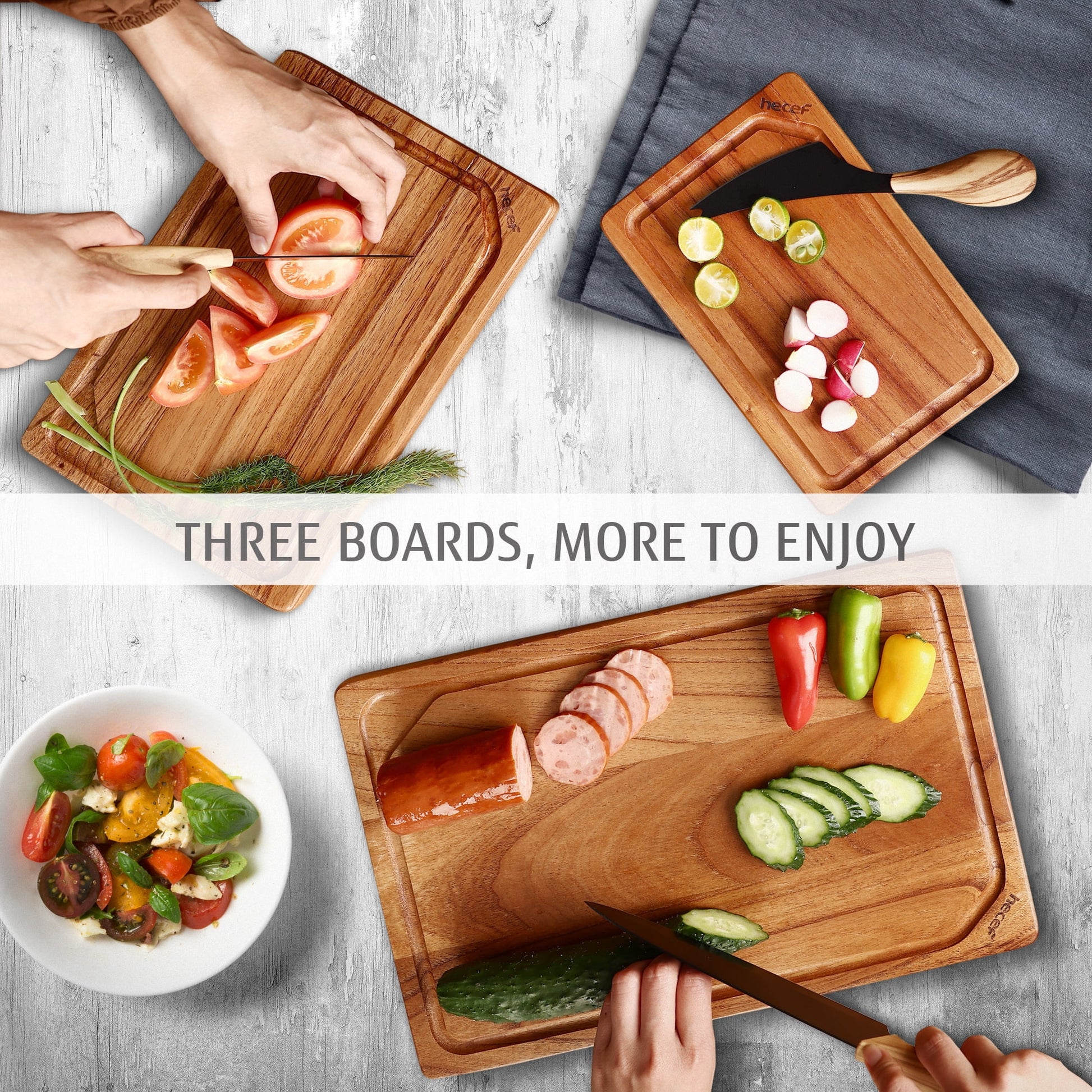 3PCS Wood Cutting Board Set with Holder, 15 Inch Serving Board for Kitchen Meal Prep & Serving