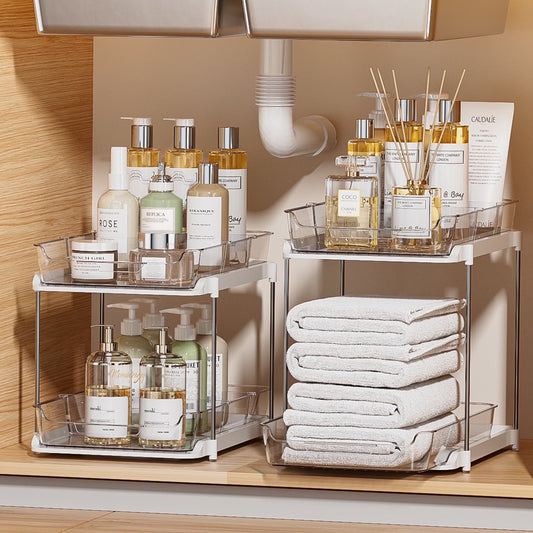 2 Sets of 2-Tier Multi-Purpose Bathroom under Sink Organizers and Storage, Stackable Kitchen Pantry Organization, Pull Out Medicine Cabinet Organizer with 8 Movable Dividers C29