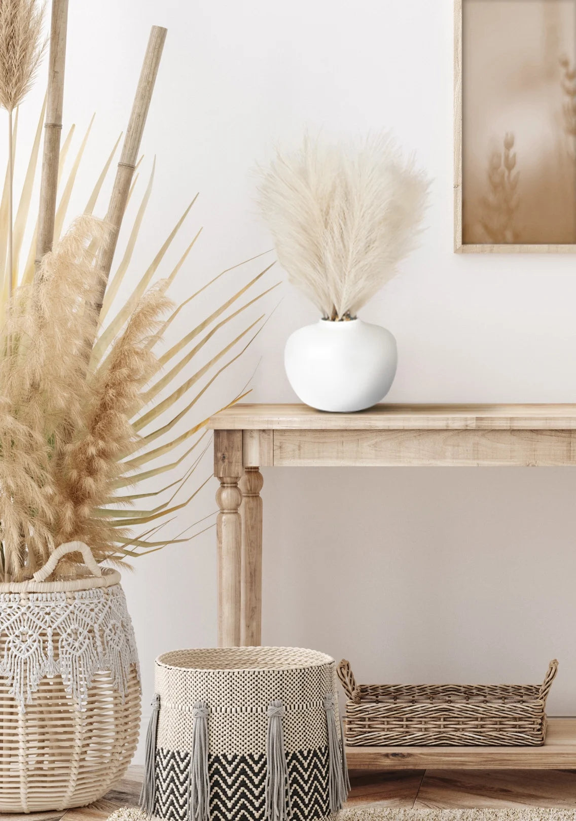 14" Artificial Pampas in White Rounded Ceramic Vase