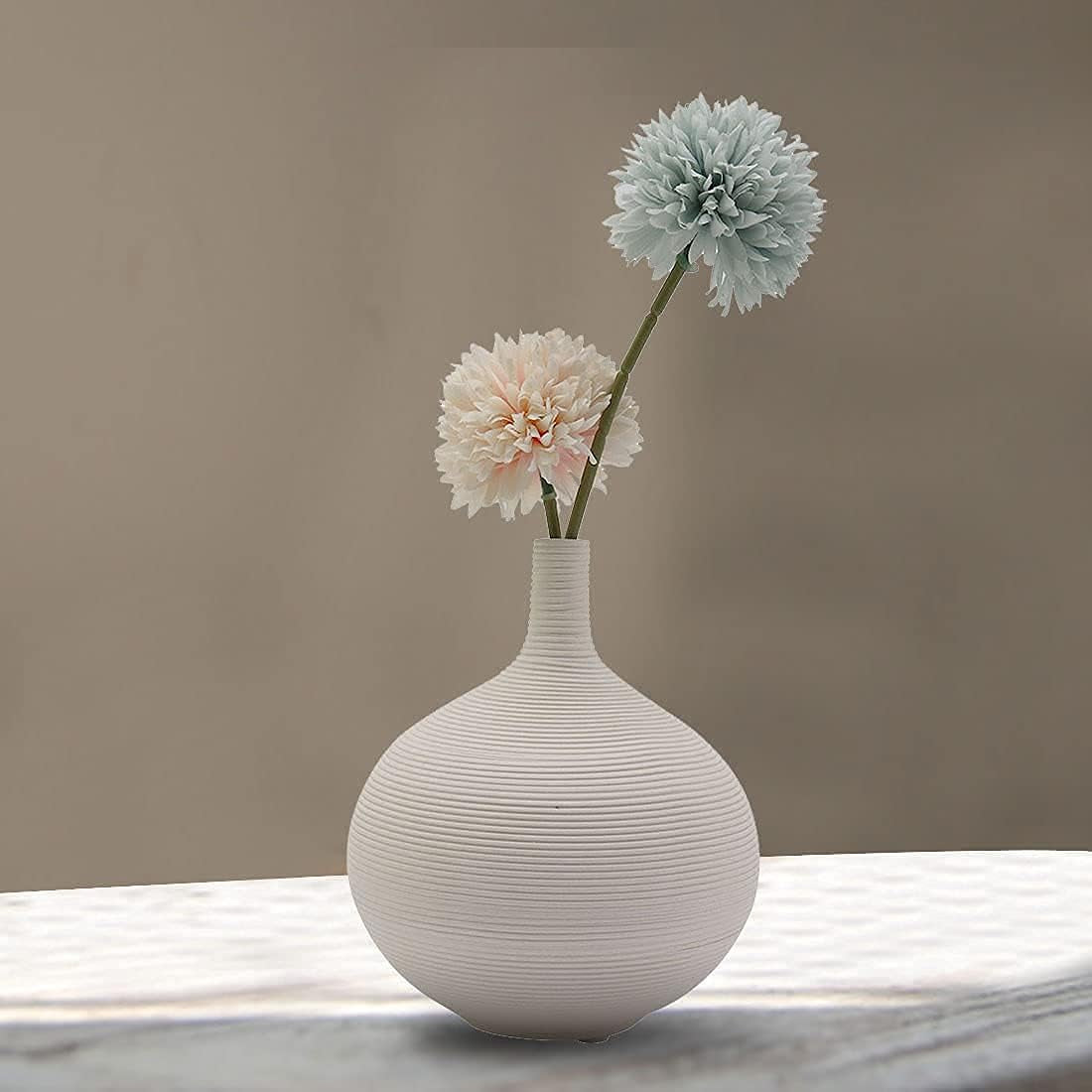 Narrow Neck Matte White Ceramic Vase,Small round Textured Geometric Bud Flower Vase for Centerpieces Decor(6.18”)