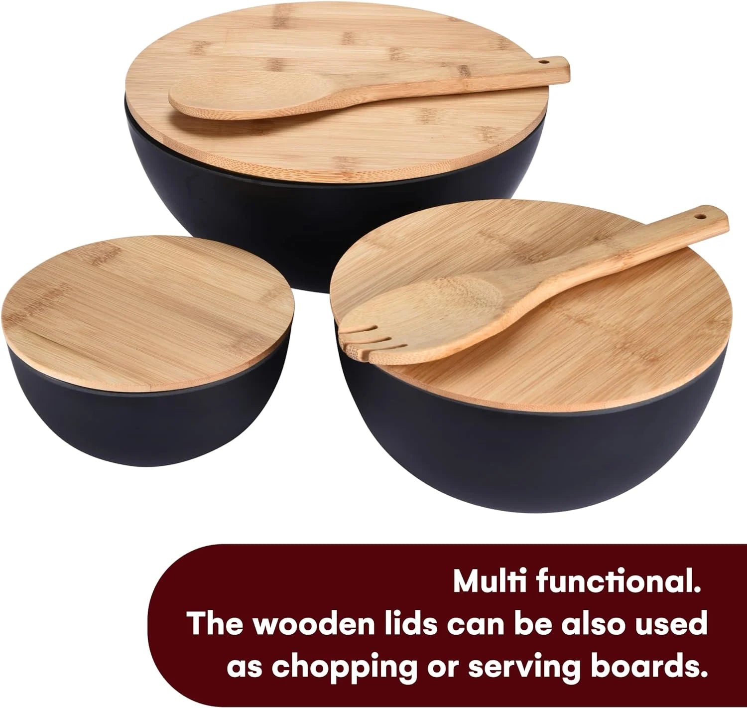 Bamboo Fiber Salad Bowl Set with Wooden Lids - Perfect for Serving, Mixing, and Prepping Fruits, Pasta, Cheese, Ramen, Bread, and More!