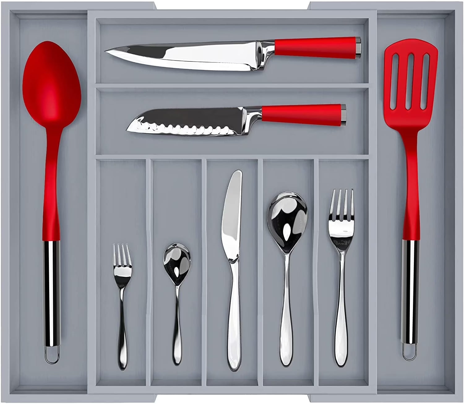 Bamboo Expandable Silverware Organizer, 7-9 Compartments, 13.5-20 Inches Wide X 2.5 Inches Deep, Gray