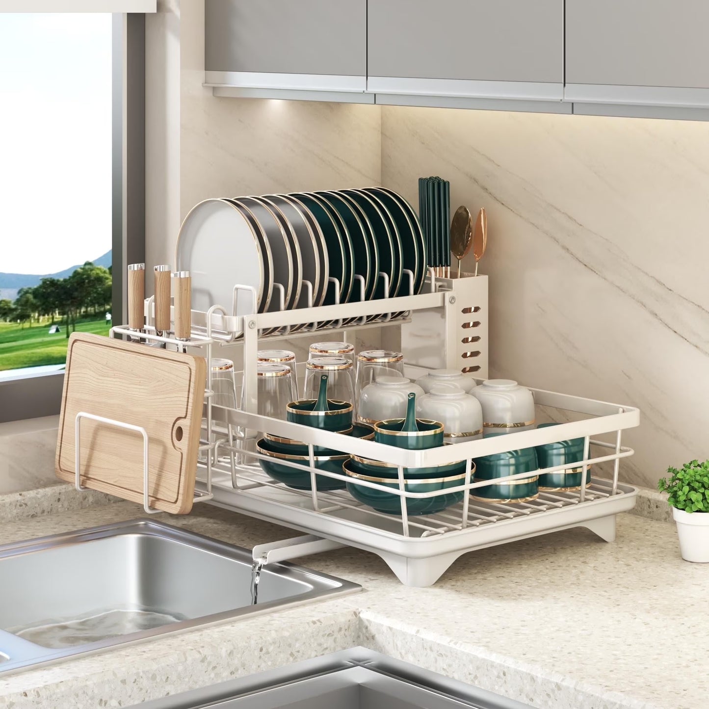 Dish Drying Rack- Space-Saving Dish Rack, Dish Racks for Kitchen Counter, Stainless Steel Kitchen Drying Rack with a Cutlery Holder,12''W X 17''L, Black