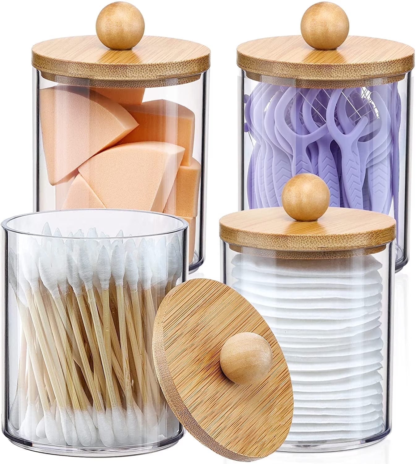 4 Pack Qtip Holder Dispenser with Bamboo Lids - Clear Plastic Apothecary Jar for Makeup Storage - Bathroom Set