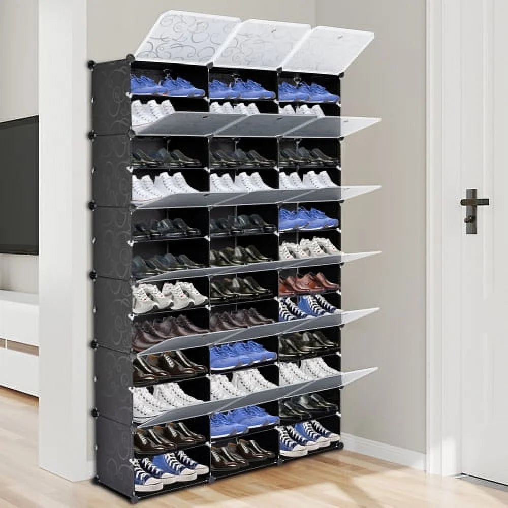 Portable 36 Cubes 72 Pairs Shoe Storage Cabinet Boxes 8-Tier Shoe Rack Shelf Tower Stand Shoe Storage Organizer for Closet Entryway Bedroom Living Room Home Black