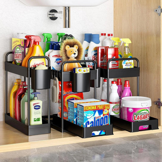 Adjustable 2-Tiers Bathroom Countertop Organizer, Black, 3 Pack