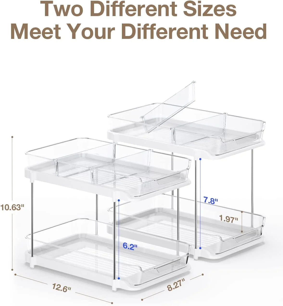 2 Sets of 2-Tier Multi-Purpose Bathroom under Sink Organizers and Storage, Stackable Kitchen Pantry Organization, Pull Out Medicine Cabinet Organizer with 8 Movable Dividers C29