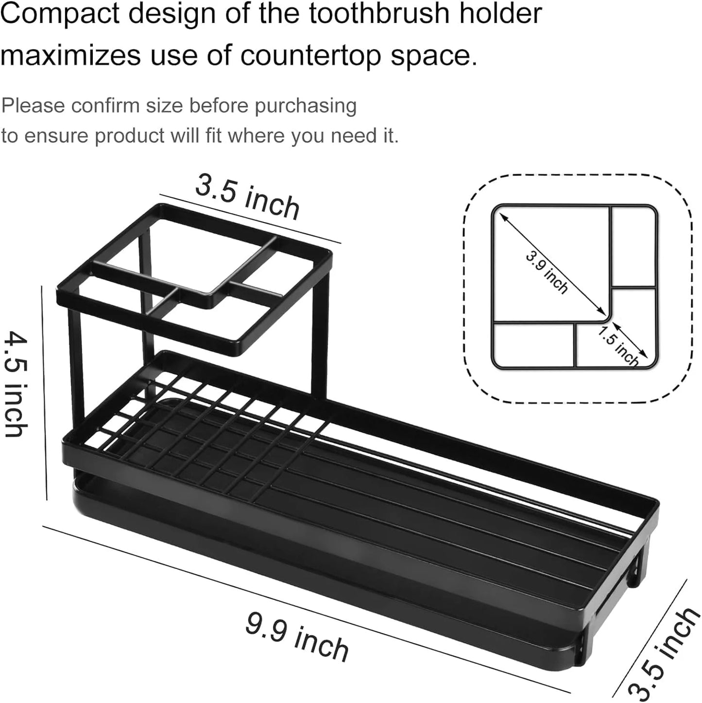 Toothbrush Holder for Countertop with Drainage - 4 Slots Bathroom Organizer for Electric Toothbrush, Toothpaste, Mouthwash - Black