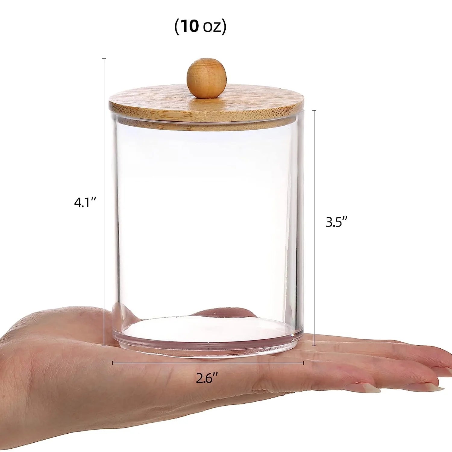 4 Pack Qtip Holder Dispenser with Bamboo Lids - Clear Plastic Apothecary Jar for Makeup Storage - Bathroom Set