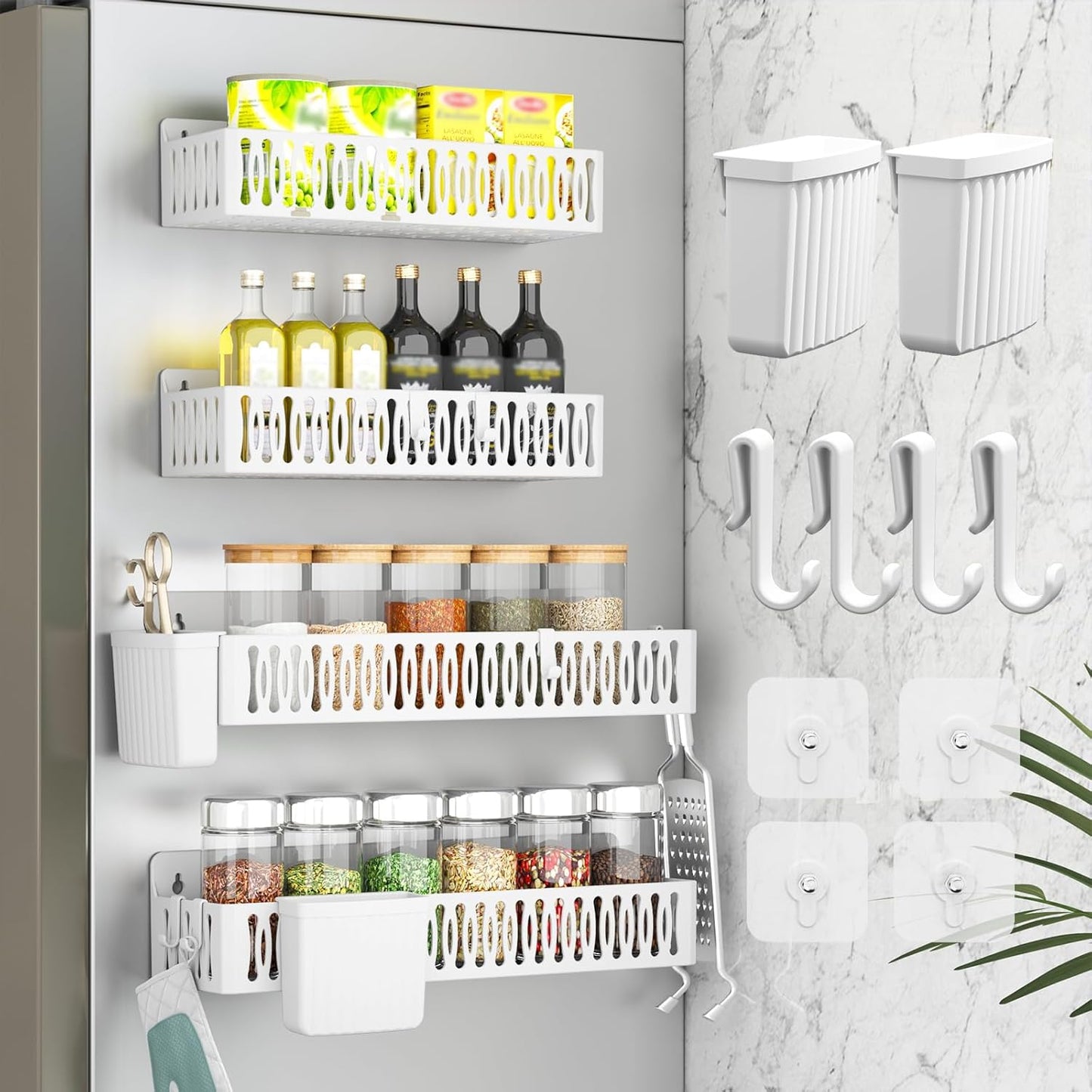 4 Pack Magnetic Spice Rack for Refrigerator, Spice Rack Organizer, Moveable Magnetic Shelf Fridge Organizer with 4 Hooks for Kitchen and Oven Organization, Black