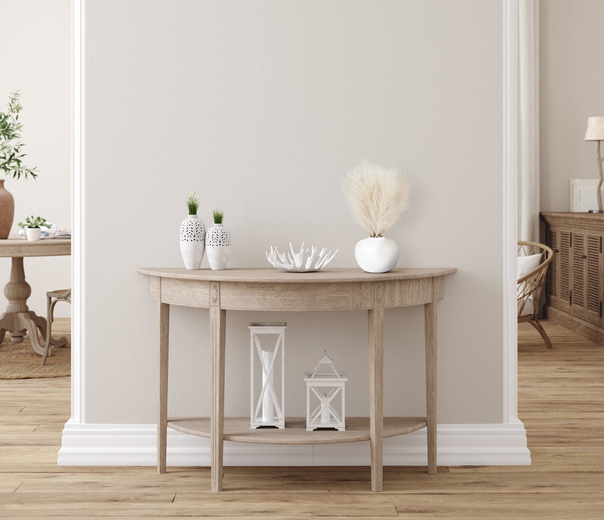 14" Artificial Pampas in White Rounded Ceramic Vase