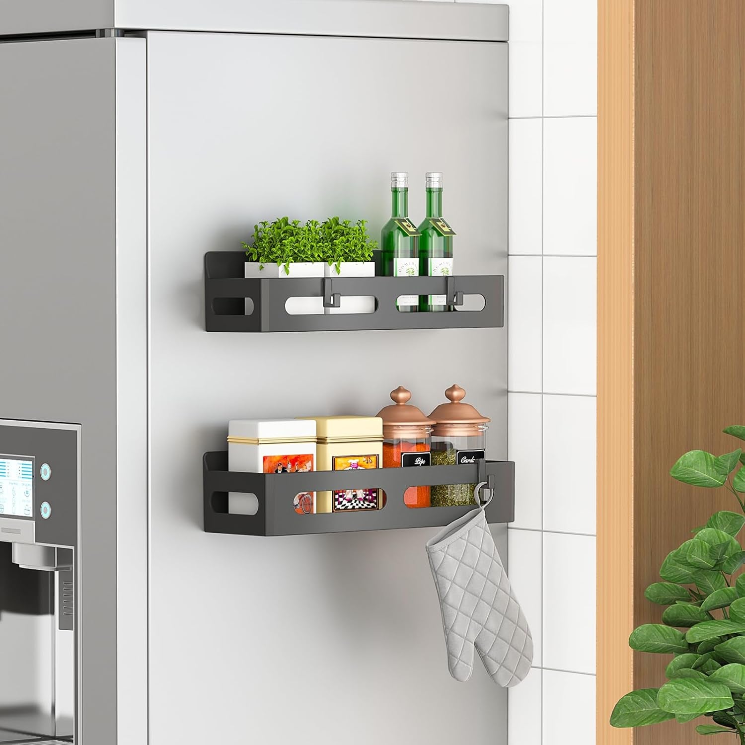 4 Pack Magnetic Spice Rack for Refrigerator, Spice Rack Organizer, Moveable Magnetic Shelf Fridge Organizer with 4 Hooks for Kitchen and Oven Organization, Black