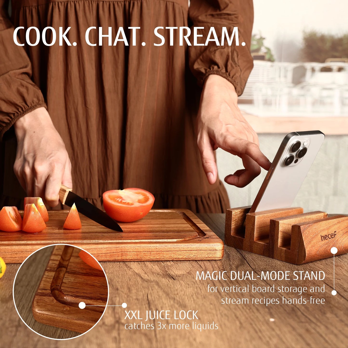 3PCS Wood Cutting Board Set with Holder, 15 Inch Serving Board for Kitchen Meal Prep & Serving