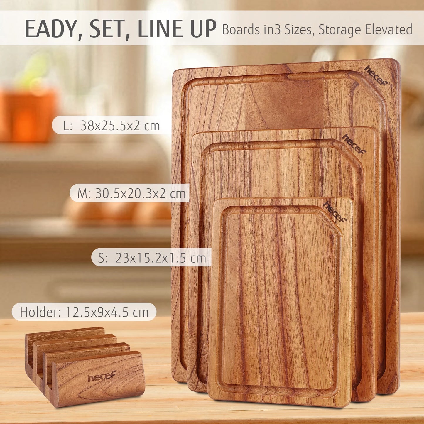 3PCS Wood Cutting Board Set with Holder, 15 Inch Serving Board for Kitchen Meal Prep & Serving