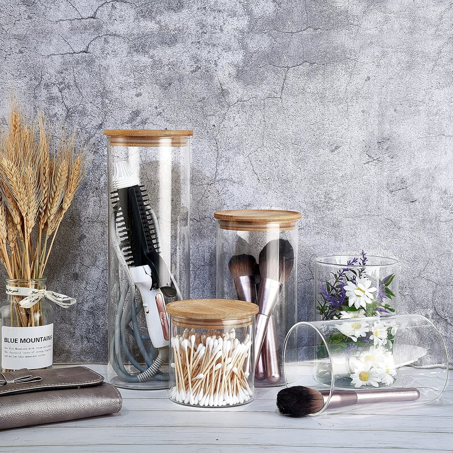 Glass Canisters Glass Storage Jars with Bamboo Lids Kitchen Canister Set of 5 Glass Storage Containers for Pantry Pasta Coffee 73 Oz 48 Oz 35 Oz and 22 Oz