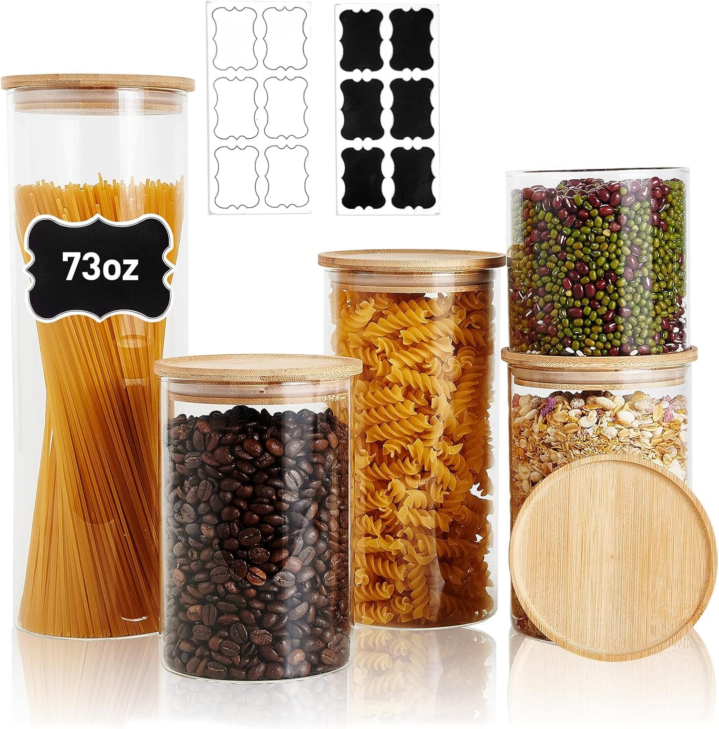 Glass Canisters Glass Storage Jars with Bamboo Lids Kitchen Canister Set of 5 Glass Storage Containers for Pantry Pasta Coffee 73 Oz 48 Oz 35 Oz and 22 Oz