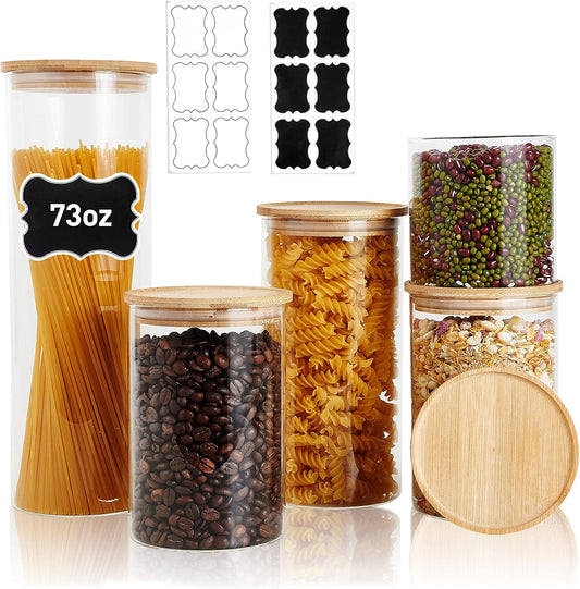 Glass Canisters Glass Storage Jars with Bamboo Lids Kitchen Canister Set of 5 Glass Storage Containers for Pantry Pasta Coffee 73 Oz 48 Oz 35 Oz and 22 Oz