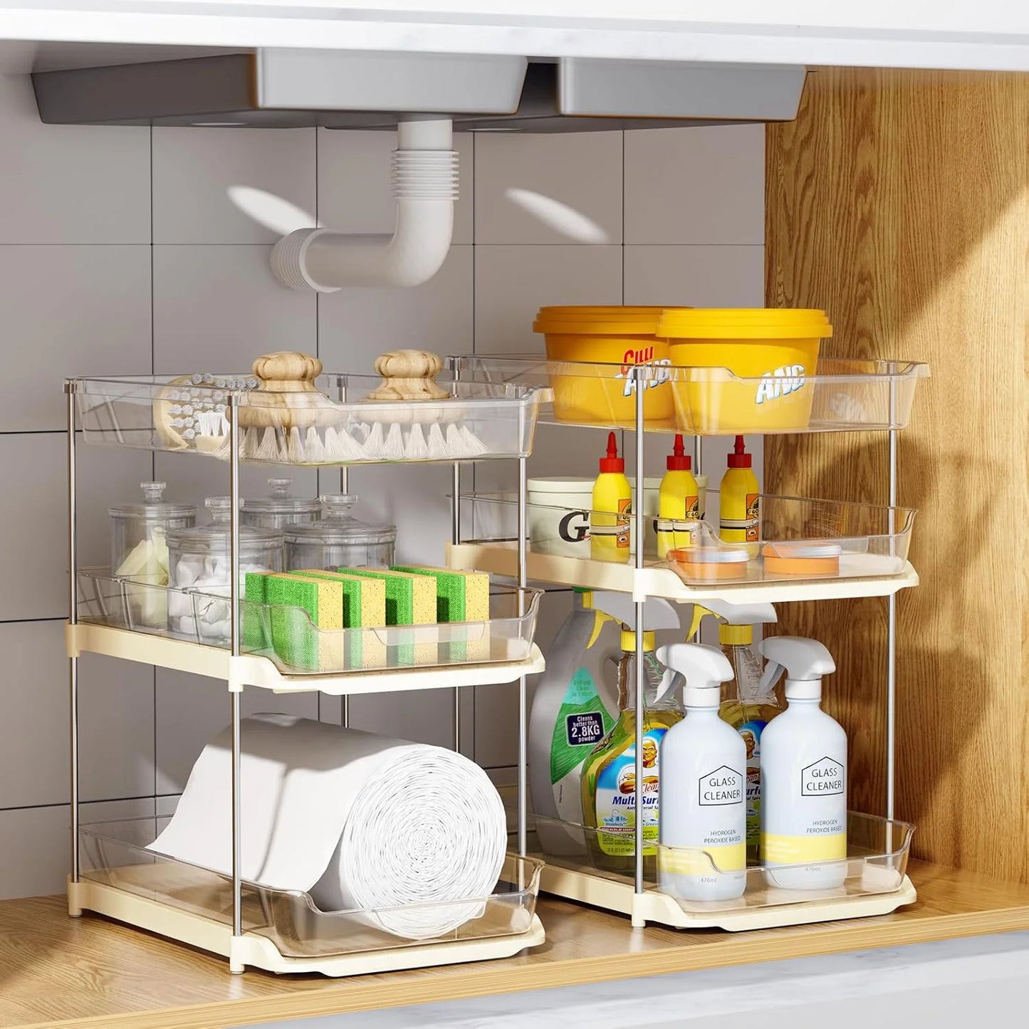 3 Tier Pull-Out under Sink Organizer Storage,  Bathroom Stackable Pantry Counter Sliding Cabinet Organization and Storage, 2 Sets, Beige