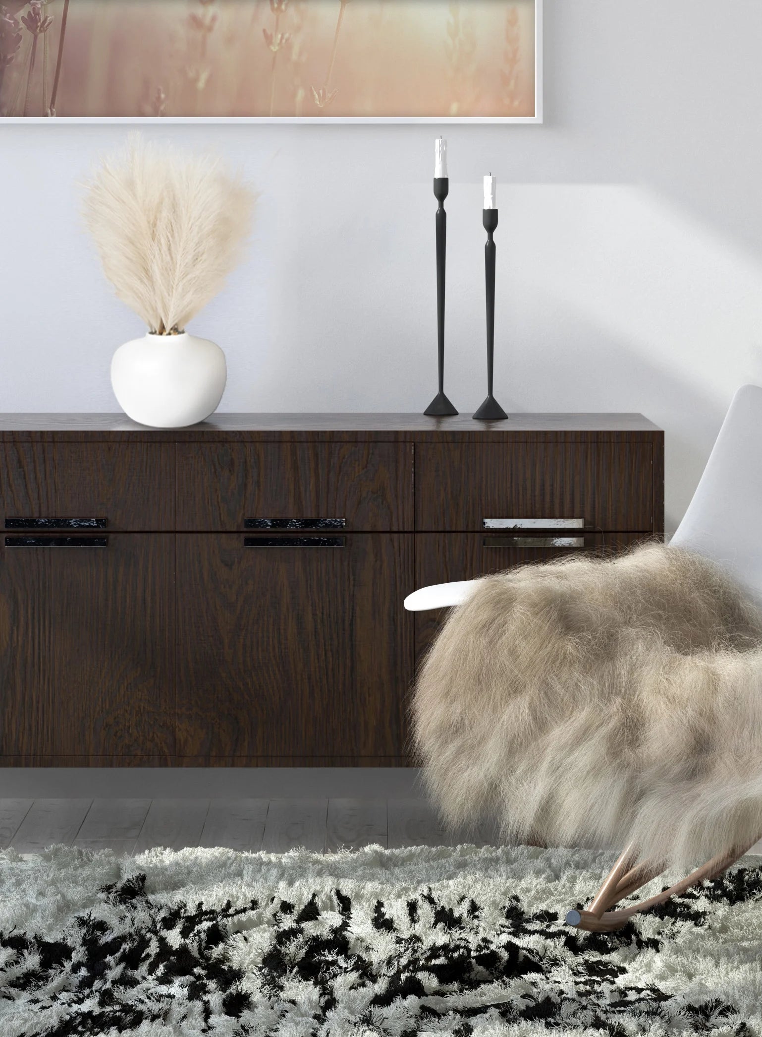 14" Artificial Pampas in White Rounded Ceramic Vase