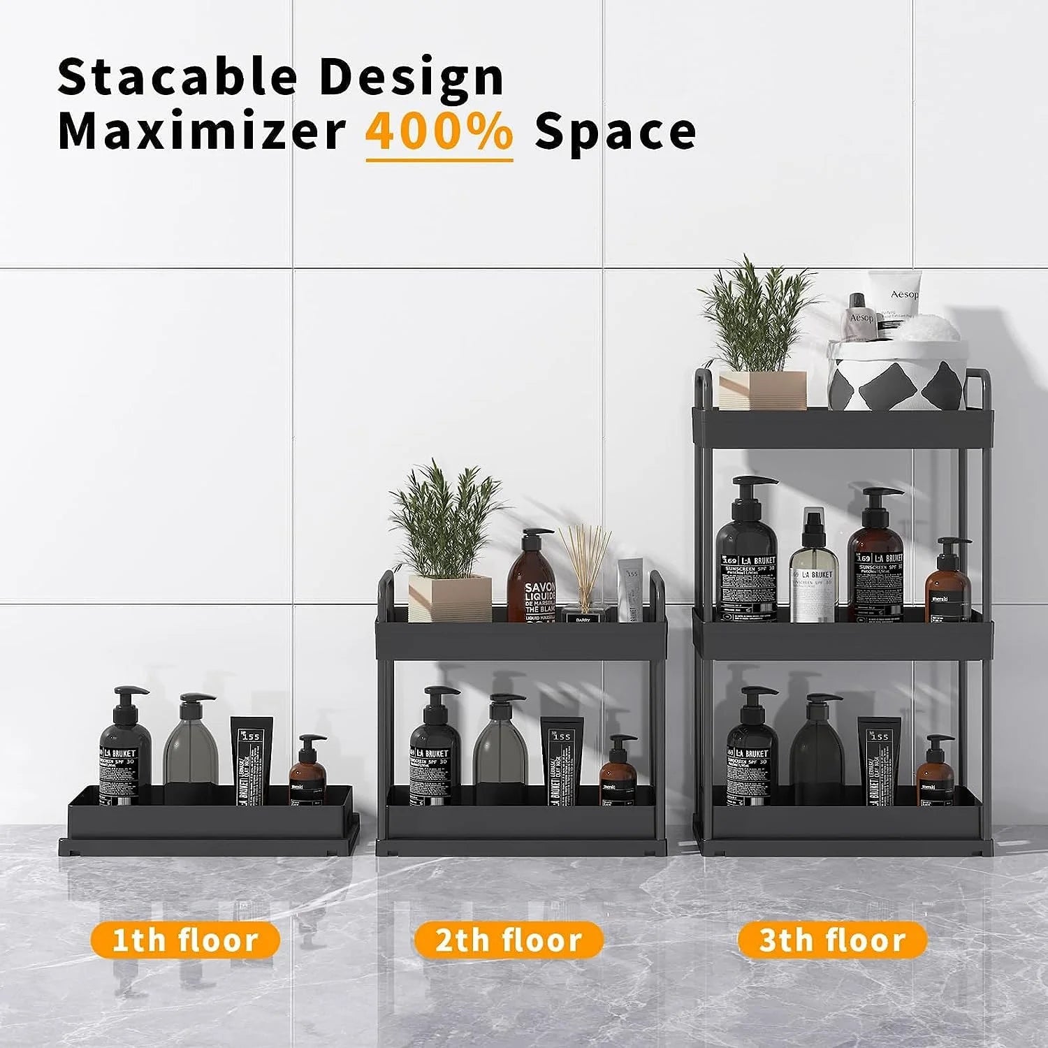 Adjustable 2-Tiers Bathroom Countertop Organizer, Black, 3 Pack