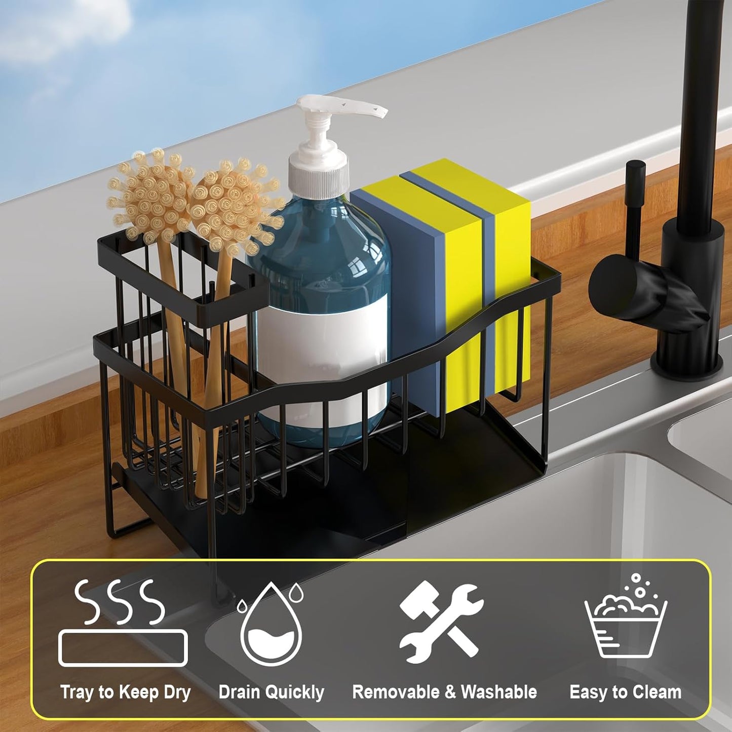 Sink Caddy Sponge Holder for Kitchen with Brush Holder and Stainless Steel Self Drain Tray, Rustproof Kitchen Sink Organizer for Sponge, Soap Dispenser Storage Accessories