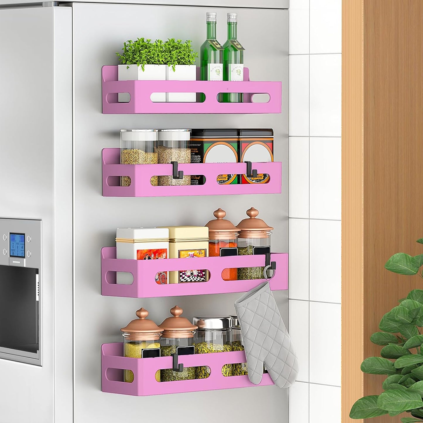 4 Pack Magnetic Spice Rack for Refrigerator, Spice Rack Organizer, Moveable Magnetic Shelf Fridge Organizer with 4 Hooks for Kitchen and Oven Organization, Black